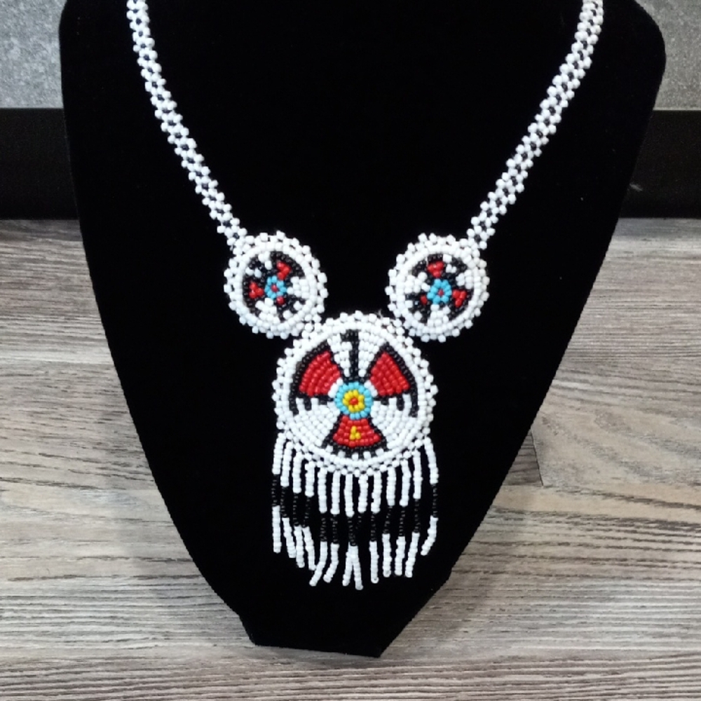 Native American Handcrafted Beaded Necklace with Red and White Accents